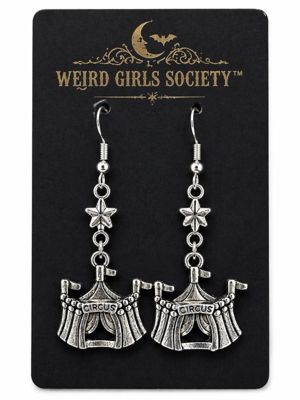 Circus Tent Dangle Earrings Silver Star 3.5” Gothic Carnival Jewelry NWT
